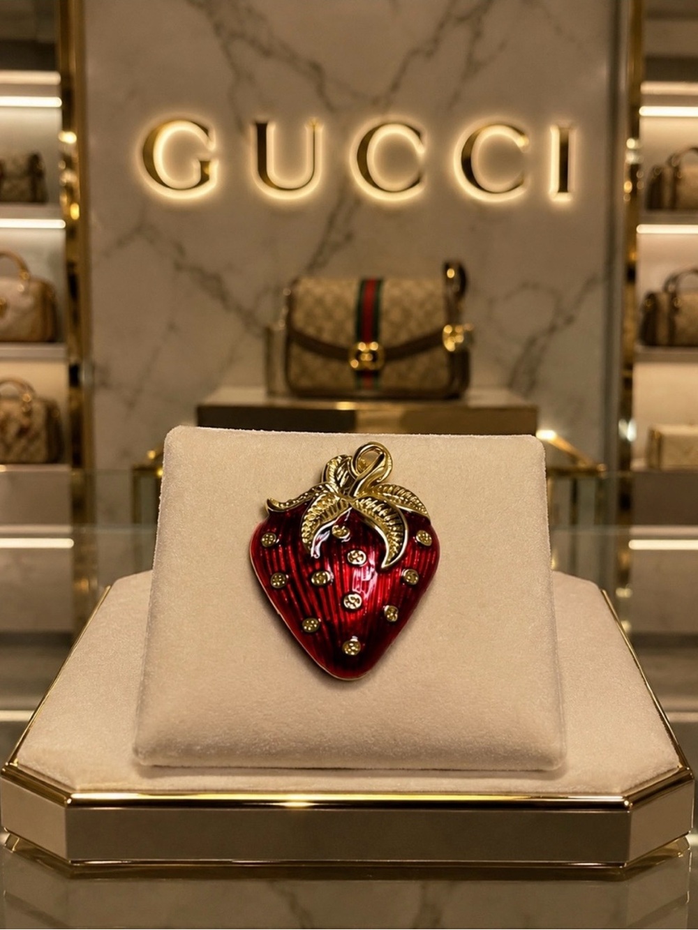 Gucci stamped Red and Gold tone Strawberry charm pendant with Crystal Accents